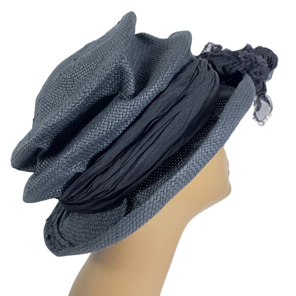 VTG Black Woven Raffia Floppy Cloche Hat Floral Chiffon Bow Accent By Zoey 90s - Picture 4 of 7